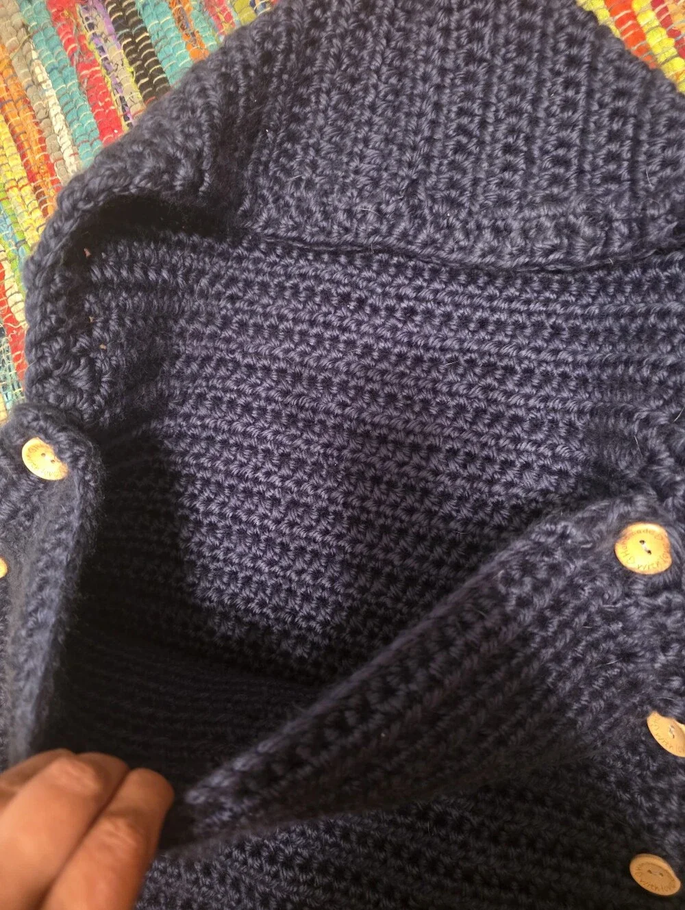 Handmade Navy Crochet Hooded Buttoned Wrap